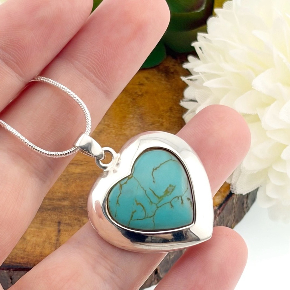 Vintage Sterling Silver 925 Turquoise Heart Pendant Blue